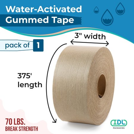 Idl Packaging 2.83 x 450' Reinforced Water-Activated Gummed Kraft Tape pack of 1 for Carton Sealing, White H-30W-1